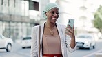 Video call, black woman in city and talking with smile, contact and social media with connection. African American female, lady and smartphone for communication, greeting or waving outdoor or network