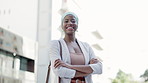 Black woman in business, face and leadership outdoor, success in city with smile, arms crossed with confidence. Happy female in corporate, professional mindset and urban street with portrait in Kenya