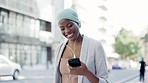 Black woman in city, smile and earphones with smartphone, walking and stress relief. African American female, lady and cellphone with connection, streaming music and podcast in town, travel and relax