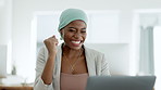 Laptop, celebration and black woman excited in achievement, target goals or motivation. Happy female worker, computer and celebrate success in office of winner, bonus or fist of winning surprise deal