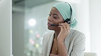 African woman, happy call center agent or international consultant talking, speaking and support or help desk. Friendly person or virtual assistant for Nigeria telecom consulting on desktop computer