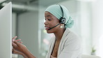 Video call center with african woman, agent or international consultant in virtual communication, talking or speaking. Happy, professional and Nigeria person in headset consulting on desktop computer