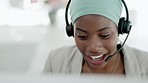 Call center, computer and black woman, agent or consultant headset in tech support, online solution or help desk. African virtual assistant or Nigeria business person consulting or talking on desktop