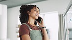 Business, phone call and black woman with smile, success and planning in workplace, chatting and startup. African American female, lady and entrepreneur with smartphone, connection and communication