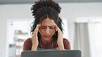 Woman, laptop and headache in burnout, stress or overworked in small business at fashion workshop. Stressed female suffering with bad head pain, ache or strain by computer at office desk in retail