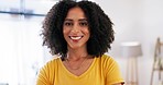 Happy, face and black woman in office at startup company, happy and excited with positive mindset. Smile, portrait and female with future vision for black business, confident or empowered by ambition