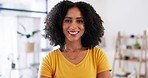 Black woman, face and smile in startup office with happiness, leadership and confident with afro. Small business owner, young entrepreneur and gen z girl with happy, excited portrait and company goal