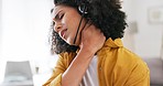 Remote telemarketing, neck pain and black woman feeling stress from freelance crm project. Working, anxiety and female web employee doing computer support work with burnout from contact us job