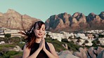 Woman at beach, stretching with yoga and meditate, fitness and fresh air, ocean with body care and wellness outdoor. Young female, pilates and breathing, peace and calm with meditation and balance