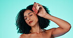 Beauty, makeup and product with black woman and palette for foundation, blush and eyeshadow. Glow, self care and cosmetics with girl model and kit for facial, cosmetology and confidence in studio 
