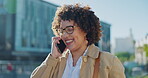 Black woman, phone call and smile in the city for conversation or business discussion outdoors. Happy African American female talking on smartphone for 5G connection in networking in a urban town