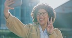 Business woman, selfie and peace hand sign with mobile connectivity for social media. Urban, outdoor and profile picture of a black female on a work break feeling happiness and freedom in city