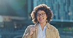 Black woman, business travel and portrait of a female worker outside in the city with lens flare. Urban, happiness and morning of a employee ready for work outdoor feeling freedom with a smile