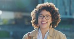 Black woman laugh, business travel and portrait of a female worker outside in the city with lens flare. Urban, happiness and morning of a employee ready for work outdoor feeling freedom with a smile