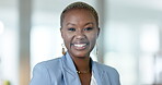 Happy black woman, night business and face in office for happiness, confidence or motivation of leader. Young female worker, portrait and smile in company for overtime, corporate pride or empowerment