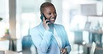 Phone call, conversation and black woman in office, night and hello in business, connection and speaking. Happy worker, smartphone and overtime of mobile contact, networking and consulting in evening