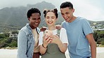 Diversity, friends outdoor and smartphone with happiness, summer and quality time for bonding, break or relax. Multiracial, women or man with cellphone, nature or holiday with connect or social media