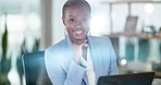 Happy black woman, night business and face in office for happiness, motivation and planning on laptop. Young female worker, portrait and smile while working overtime with corporate pride at computer