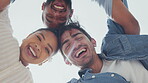 Face, laughing and friends in a huddle from below with a group of people standing in a circle outdoor. Portrait, funny or diversity with man, woman and person spending time together while bonding