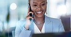 Business, black woman and phone call on smartphone, laptop and tech conversation at night. Happy worker, cellphone and communication for overtime management, mobile networking or technology in office