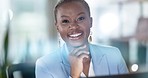 Happy black woman, night office and face in business for happiness, motivation and planning on laptop. Young female worker, portrait and smile while working overtime with corporate pride at computer