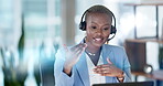 Video call, computer and black woman in virtual communication, call center or online meeting in night office. Professional person talking on laptop for support, career update or happy client advice