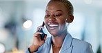 Phone call, business and black woman laughing in office for hello, mobile connection and communication at night. Happy female worker talking on smartphone for contact, network and evening consulting