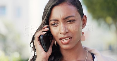 Phone call, problem and frustrated Indian woman in city in discussion