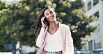 Woman, phone call and walking in the city for conversation, discussion or communication outdoors. Happy female having a walk talking with smile on smartphone for chat in the street of a urban town