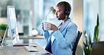 Call center, employee and black woman in office, coffee and customer service with telemarketing. African American female consultant, agent and operator with tea, success and tech support in workplace