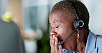 Yawn, tired and call center woman with fatigue for night customer support, global telemarketing or virtual help desk. Burnout african agent, sleepy consultant or callcenter worker working on computer