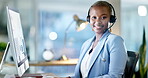 Face of call center black woman, happy agent or consultant for ecommerce, customer support or friendly help desk. Portrait of virtual assistant, person or online worker consulting on desktop computer