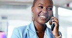 Business, black woman and face of phone call, laughing and funny contact conversation at night. Happy worker, cellphone and communication for overtime management, mobile networking or smile in office