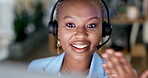 Call center, talking and black woman, agent or consultant global discussion, night tech support or ecommerce web service. Business person speaking on computer for online meeting or virtual consulting