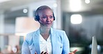 Call center, black woman and talking for support, customer service and crm consulting in office. Female agent, telemarketing consultant and contact us for telecom, sales advisor or questions at night