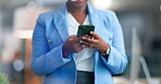 Woman hands, night business and typing on cellphone in office, online app or contact technology. Closeup worker, overtime and smartphone of networking, reading notification or social media connection