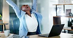 Laptop, wow and a business black woman throwing documents into the air as a winner in celebration. Motivation, target and success with a young female employee celebrating a victory, goal or deal