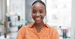 Face of proud black woman in office with business mindset, integrity or goals for work from home opportunity. Portrait of young employee, freelancer or person in her apartment smile for job or career