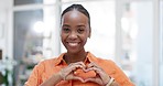 Face, business and black woman with heart sign, happiness and support with wellness, success and workplace. Portrait, Nigerian female employee and happy lady with shape for love, smile and solidarity
