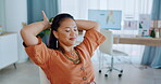 Asian woman stretching at desk for relax, online ecommerce or work life balance working on office laptop. Business boss or logistics person calm, peace and happy for small business or startup success