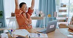 Excited asian woman, laptop and celebration for winning, sale or good news in small business, logistics or ecommerce. Happy female celebrating win, victory or achievement on computer in marketing