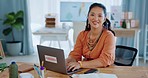 Face, business and Asian woman with laptop, confident and success with startup, digital planning and smile. Portrait, female employee and manager with skills, leadership and device for online reading