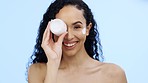 Face, cream jar and beauty of woman, cosmetics and smile on blue background. Facial lotion, skincare and portrait of happy studio model with container for shine, natural wellness and aesthetic makeup