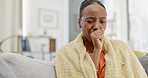 Sick black woman cough in home, flu and coronavirus allergy of medical breathing problems. Female, healthcare and coughing with blanket for pain, asthma and tuberculosis risk of winter, covid and HIV