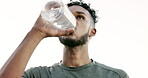 Fitness, man and drinking water for hydration or break after running exercise, workout or training in nature. Male runner with refreshing drink in recovery from cardio exercising or hiking outdoors