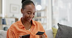 Online shopping, phone or black woman with credit card for payment via internet or fintech website. Happy smile, relax or African girl with a money transfer via digital or online banking app at home