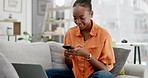 Black woman on couch, smartphone and entrepreneur typing, planning and small business success. African American female, lady and freelancer with cellphone, connection and communication with laptop