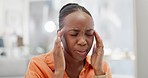 Stress, headache and black woman at computer with anxiety, mental health risk and problem. Frustrated, burnout and tired female working online with fatigue, sick pain and migraine crisis in business