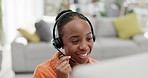 Remote work, happy or black woman in a telemarketing call center, customer services or technical support. Communication, crm or sales agent talking, consulting or helping with advice in home office 