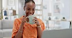 Black woman, home and movie on laptop with coffee cup, happiness and laughing at comedy on web app. Girl, computer and drink to relax with funny video, meme and streaming movies on internet in house